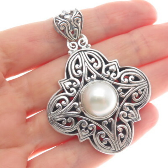 925 Sterling Silver Vintage Real Pearl Flower Cross...